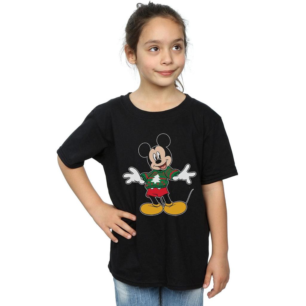 Disney Girls Mickey Mouse Christmas Jumper Stroke Cotton T-Shirt