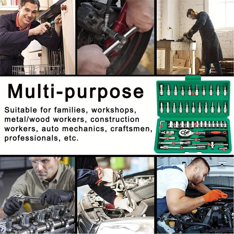46pcs Drive Socket Set 1/4 Inch Ratchet Wrench Set with Sockets Metric Hex Bit Socket Set Mechanic Tool Kits for Auto Repair House
