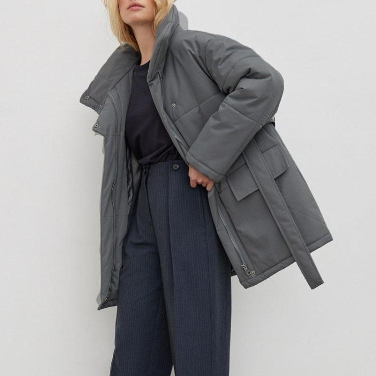 Autumn Winter Women Stand Collar Cotton Coat Medium Long Belted Jacket with Irregular Button Design Temperament