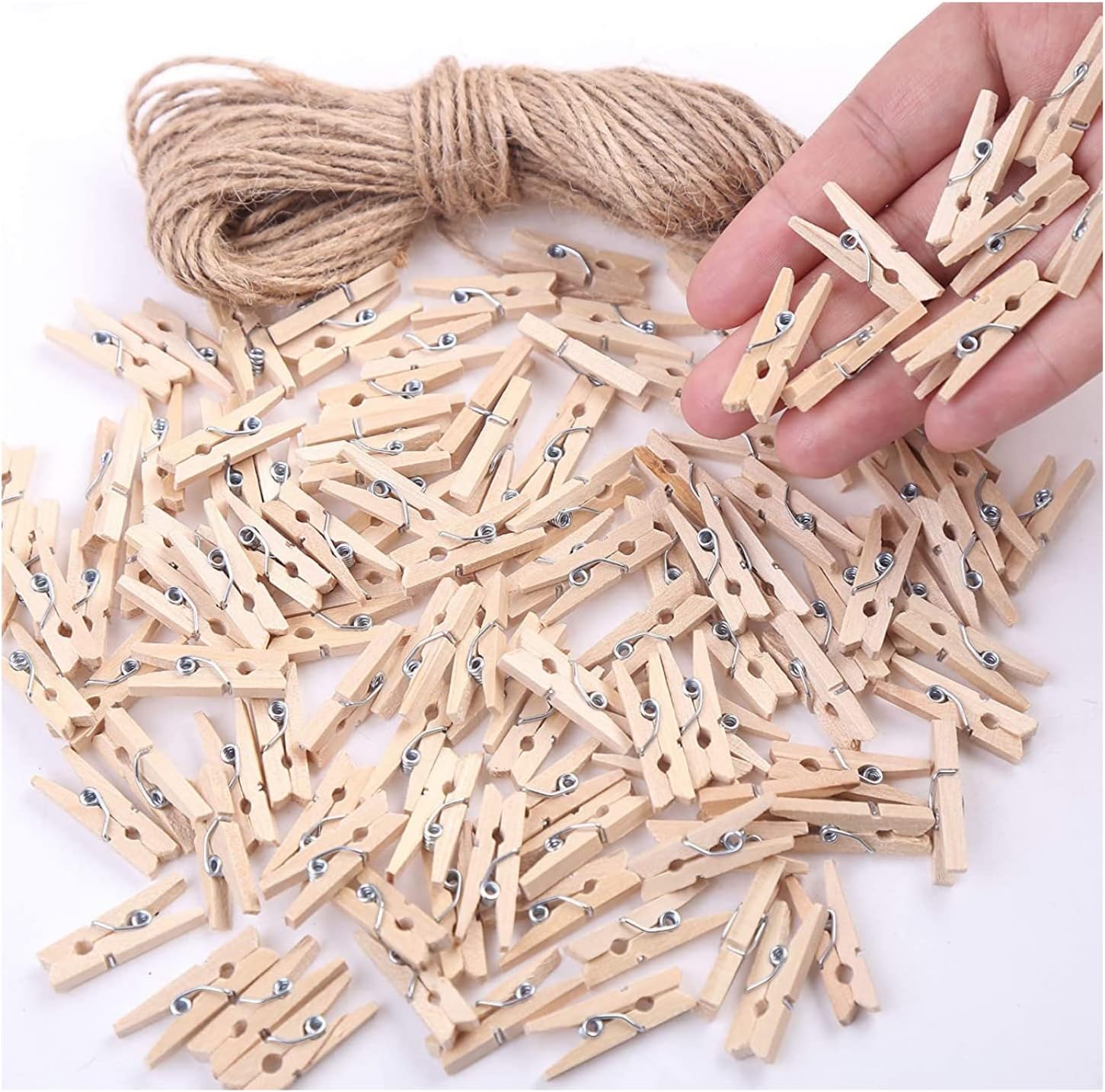 

100Pcs Wooden Clothespins Multi-Functional Reusable Mini Wooden Clips with Jute Twine for Photo Wall and DIY Craft