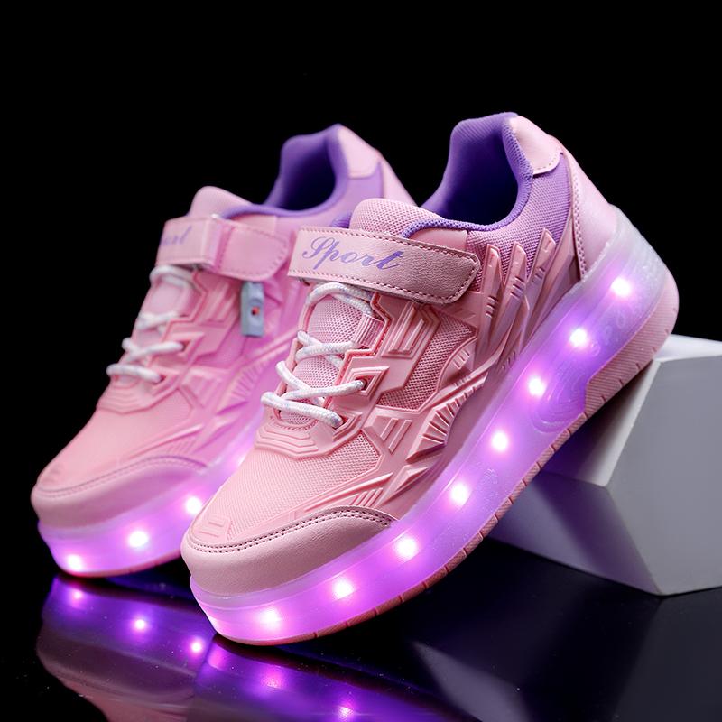 Children's Wheel Skate Double -wheel Disassembly Into Flat Sneakers Charging Switch LED Bling Bling Kids Glowing Sneakers