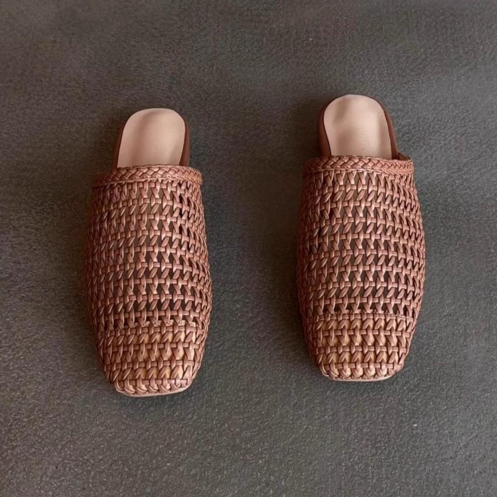 Ladies Slippers Flat Bottom Outside Woven Hollow Bag Head Half Slippers Women's Summer Flat Bottom Square Head Fashion Sandals