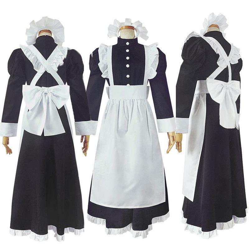 Long Style British Maid Outfit Men Women Lace Cosplay Dress Halloween Costume