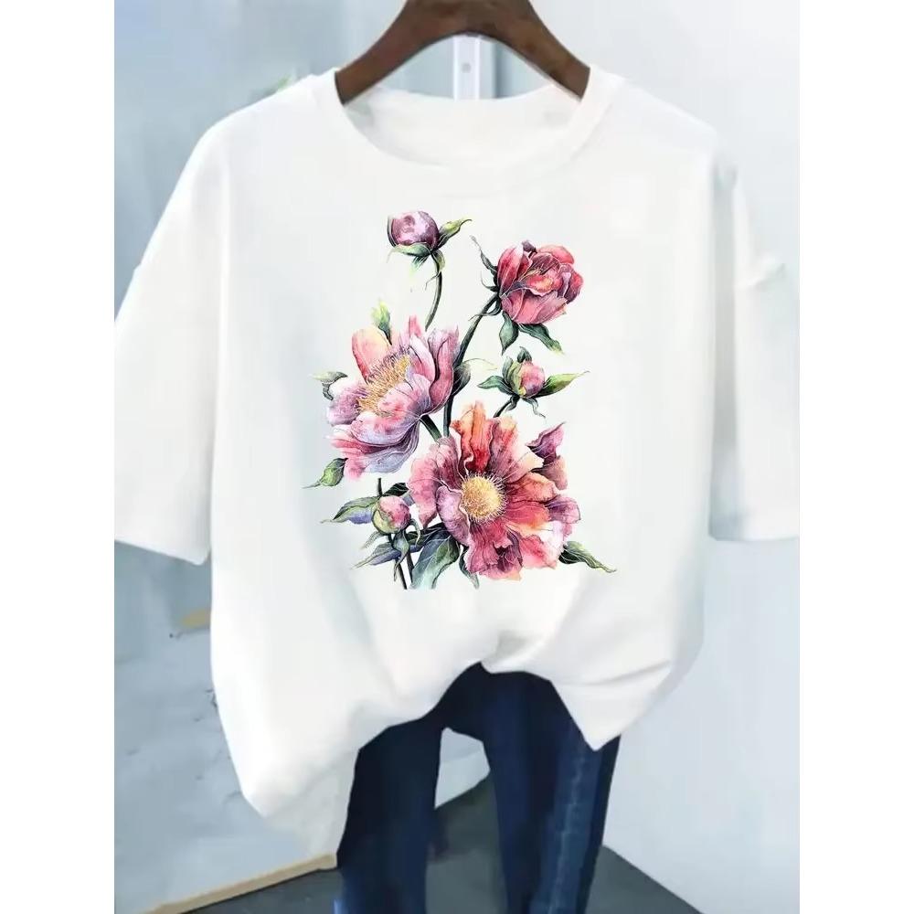 Flower Print Fashion Plant Trend Lovely print ladies T-shirt casual basics O-collar Black shirt short sleeve ladies T-shirts