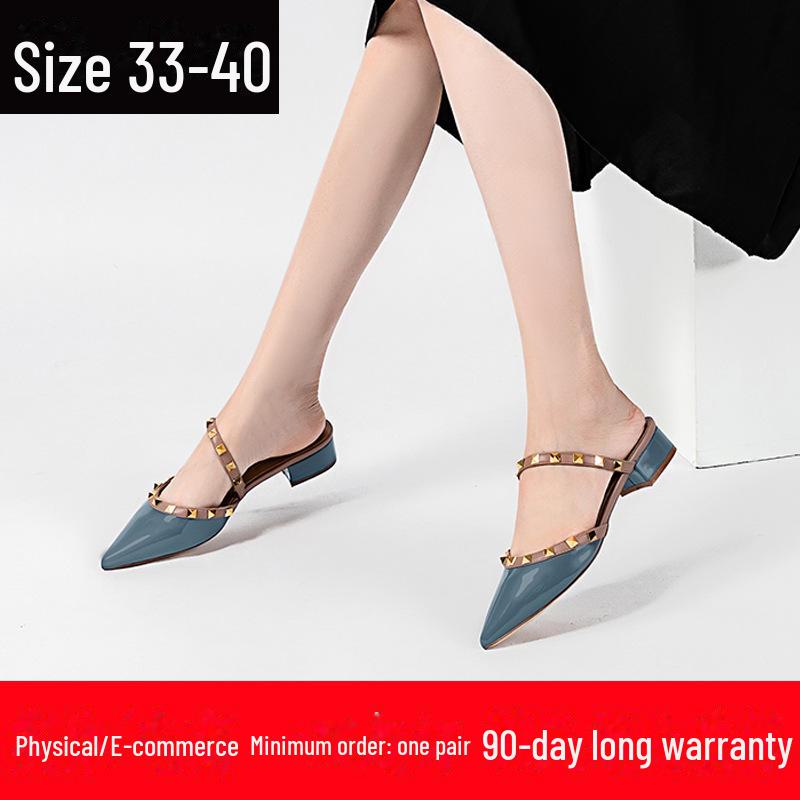 Muller Women's Summer 2024 Pointed-Toe Flat Sandals with Thick Heels and Rivet Detailing.
