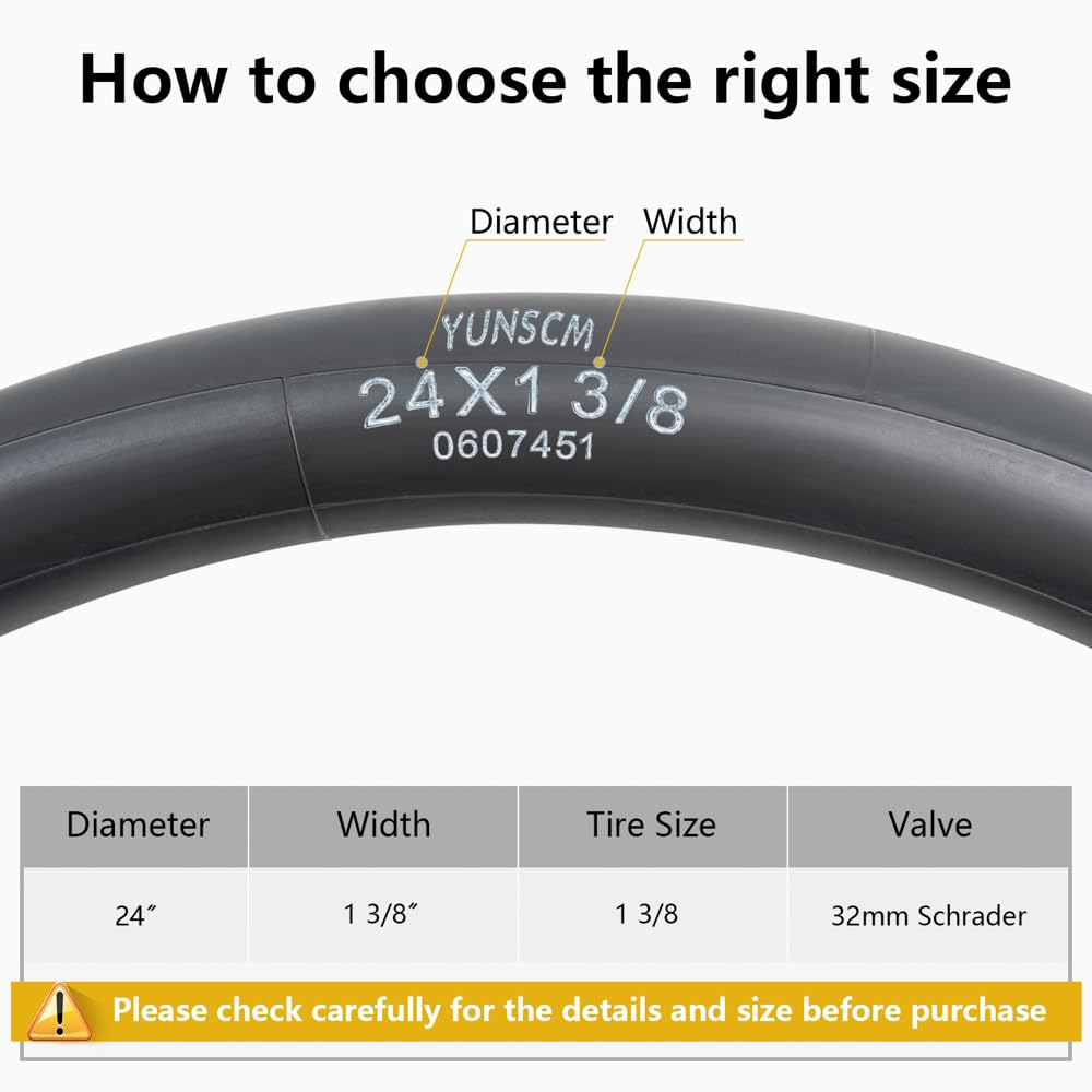 YunSCM 2-Piece 24x1 3/8" Bicycle Tube, 32mm Wall, Schrader Valve, 24x1 3/8" Tube, 37-540, Suitable for Wheelchairs, Road Bikes, and Electric Bicycles