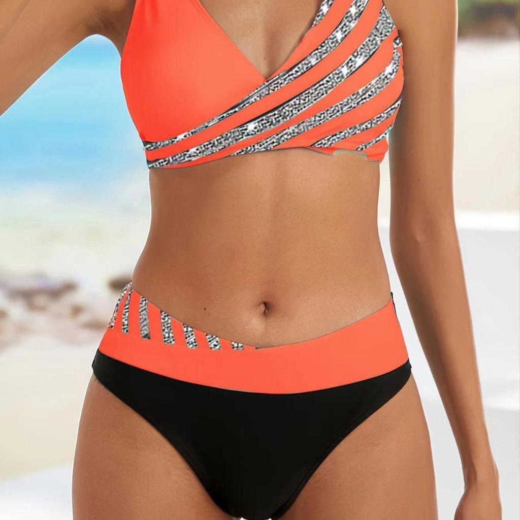 Set Bikini la Modă cu Imprimeu în Dungi, Costum de Baie Sexy din Două Piese, Costum de Baie cu Stil Fermecător