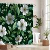 1 White Floral Green Shower Curtain - Five Petal Flowers On Dark Green Background with Yellow Center Polyester, Machine Washable