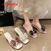 Aphixta 2025 Summer 7cm Transparent Thin Heel Flip Flops Women Luxury Crystals Bow-tie Design Open Toe Slides Sandals Cool Shoes