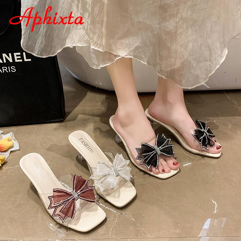 Fashion Aphixta 2025 Summer 7cm Transparent Thin Heel Flip Flops Women Luxury Crystals Bow-tie Design Open Toe Slides Sandals Cool Shoes
