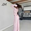 Büroparty-Kleidung Hosen Damen Sweatshirt 2-teiliges Set, V-Ausschnitt Slim Fit Oberteil & Hohe einfarbige Lounge-Kleidung mit Taille Weiter Bein Hosen, für Frühling