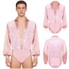 S-XXL Bodysuit de Dança Latina Ballet Masculino Bodice Brilhante com Lantejoulas Decote V Cetim Mangas Longas Entrepernas com Botões Collant para Treinamento Palco