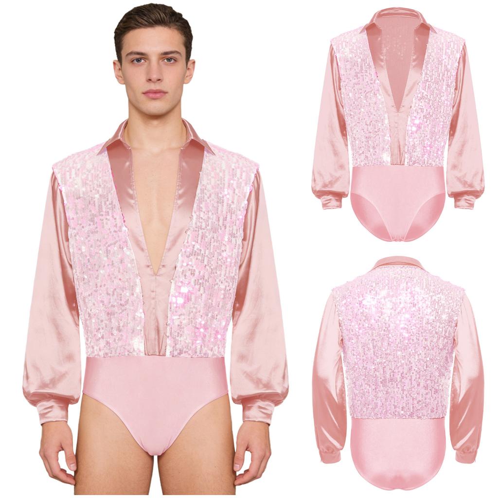 S-XXL Bodysuit de Dança Latina Ballet Masculino Bodice Brilhante com Lantejoulas Decote V Cetim Mangas Longas Entrepernas com Botões Collant para Treinamento Palco