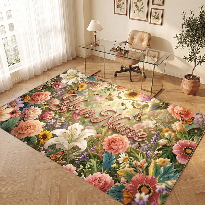 Floral Garden Theme Soft Crystal Velvet Rug Custom Name & Text Print Non Slip Floor Rug for Bedroom Living Room