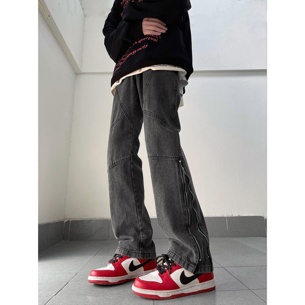 Autumn and winter American high street retro jeans zipper slit design sense thin and tall men's and women's long pants