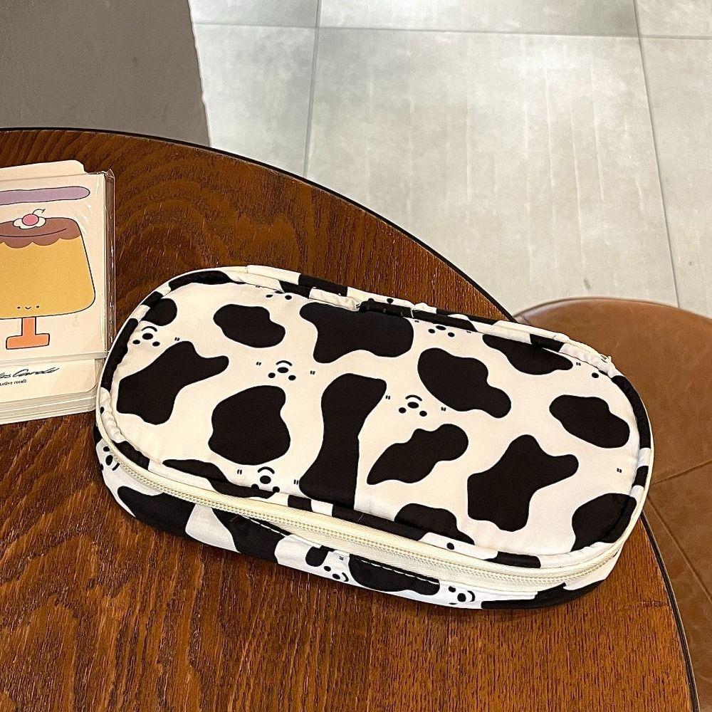 Cute Cow Patterned Pencil Case Large Capacity Cartoon Pen Bag with Zipper Gift Stationery Bag Students Supplies