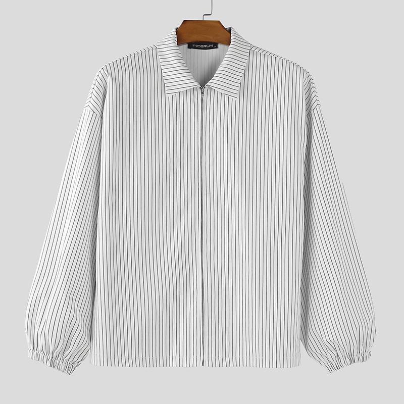 INCERUN Oversized Men Long Sleeve Striped Print Shirts Casual Loose Button Tops