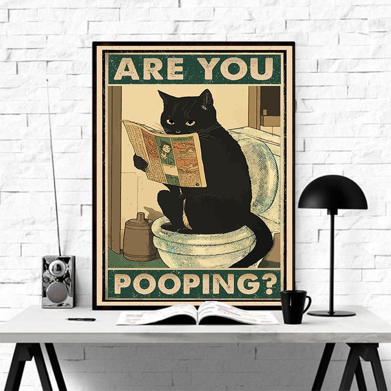 Are You Pooping Posters Bathroom Funny Bathroom Sign Canvas Painting Cute Black Cat Print Wall Art Picture Toilet Decoration