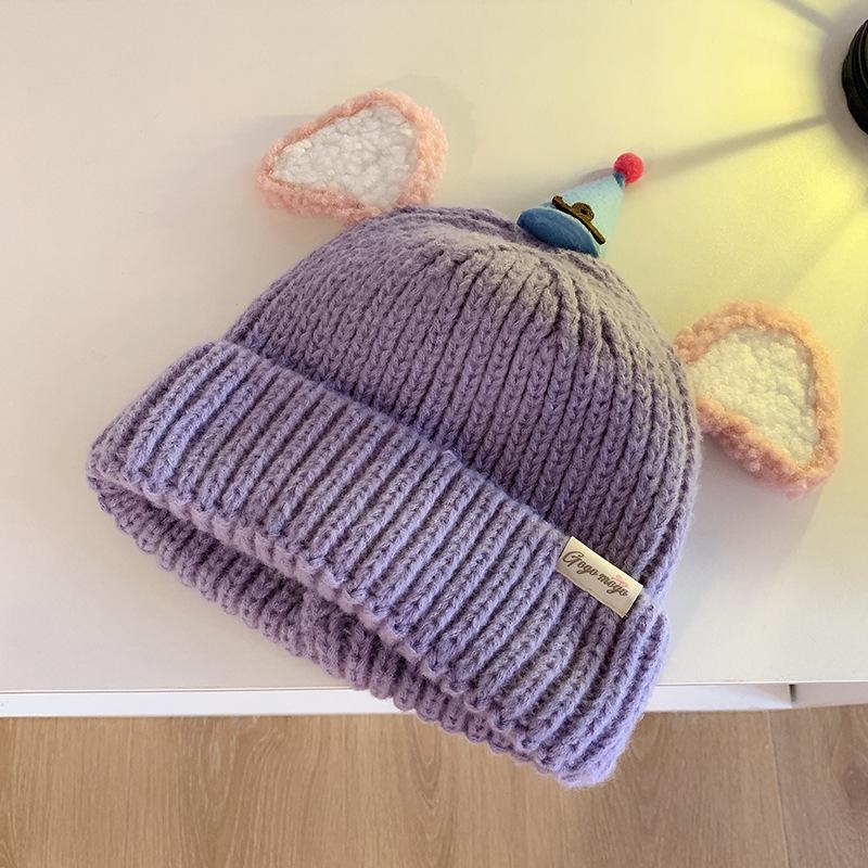 Niedliche Cartoon Plüsch Ohren Strickmütze Damen Herbst und Winter Neu Warm und Vielseitig Lustiges Gesicht Zeigt Kleine Wollmütze