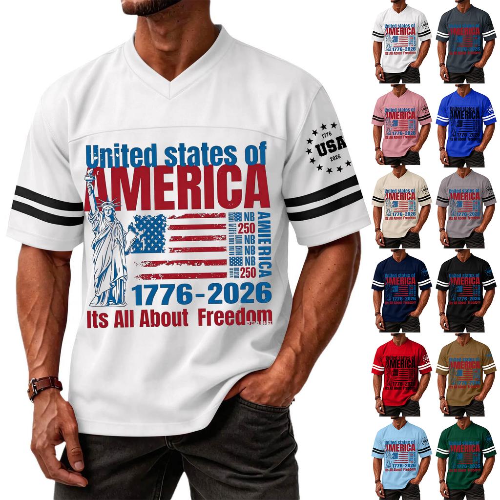 Mens V Neck Short Sleeve Sports T Shirt with States of America 1776 2026 Graphic and Statue of Print