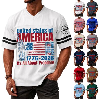 Mens V Neck Short Sleeve Sports T Shirt with States of America 1776 2026 Graphic and Statue of Print
