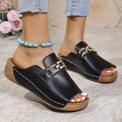 Fashion Metal Decor Wedge Slippers Women Plus Size Peep Toe Platform Sandals Woman Summer Thick Sole PU Leather Beach Slippers