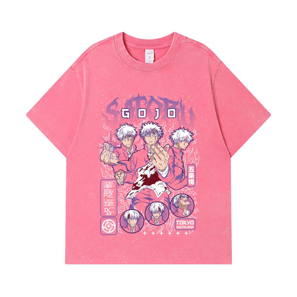 275 GSM Washed T-shirts 100% Cotton Jujutsu Kaisen V24 Gojo Print Unisex Heavy Cotton T Shirt