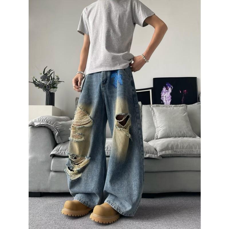 Retro Washed Distressed Denim Jeans Men Women Loose Straight Cut Slimming Fit High Street Style