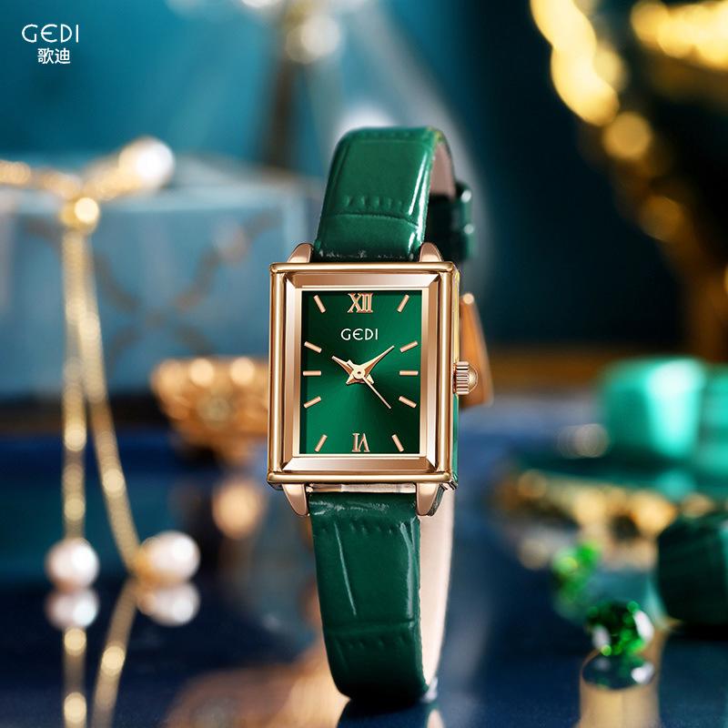 Fashion Niche Light Luxury Small Square Plate Women'S Exquisite Green Belt Quartz Waterproof Watch
