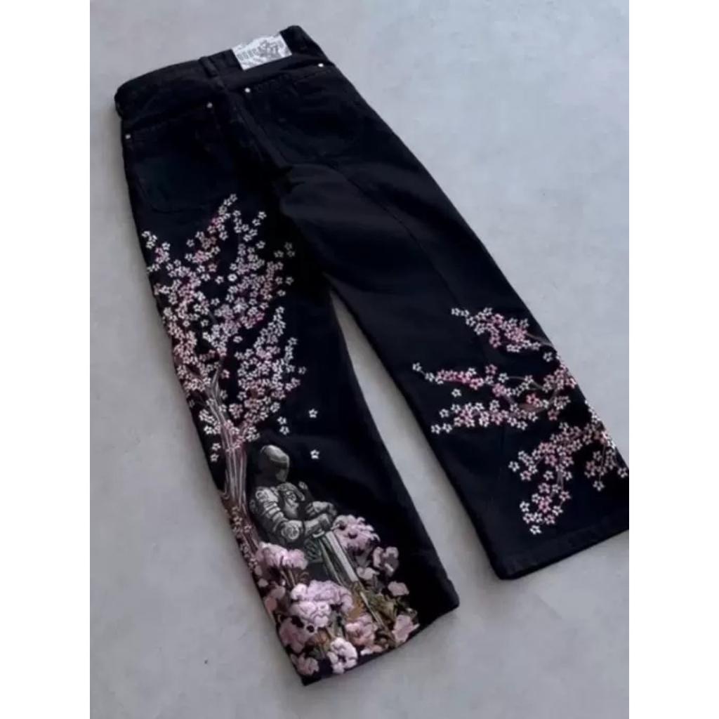 STREETRICH Y2K Harajuku Jeans Goth Vintage Plum Blossom Embroidery Pattern Wide Leg Pants Men Women Denim Fabric American Style Street Wear