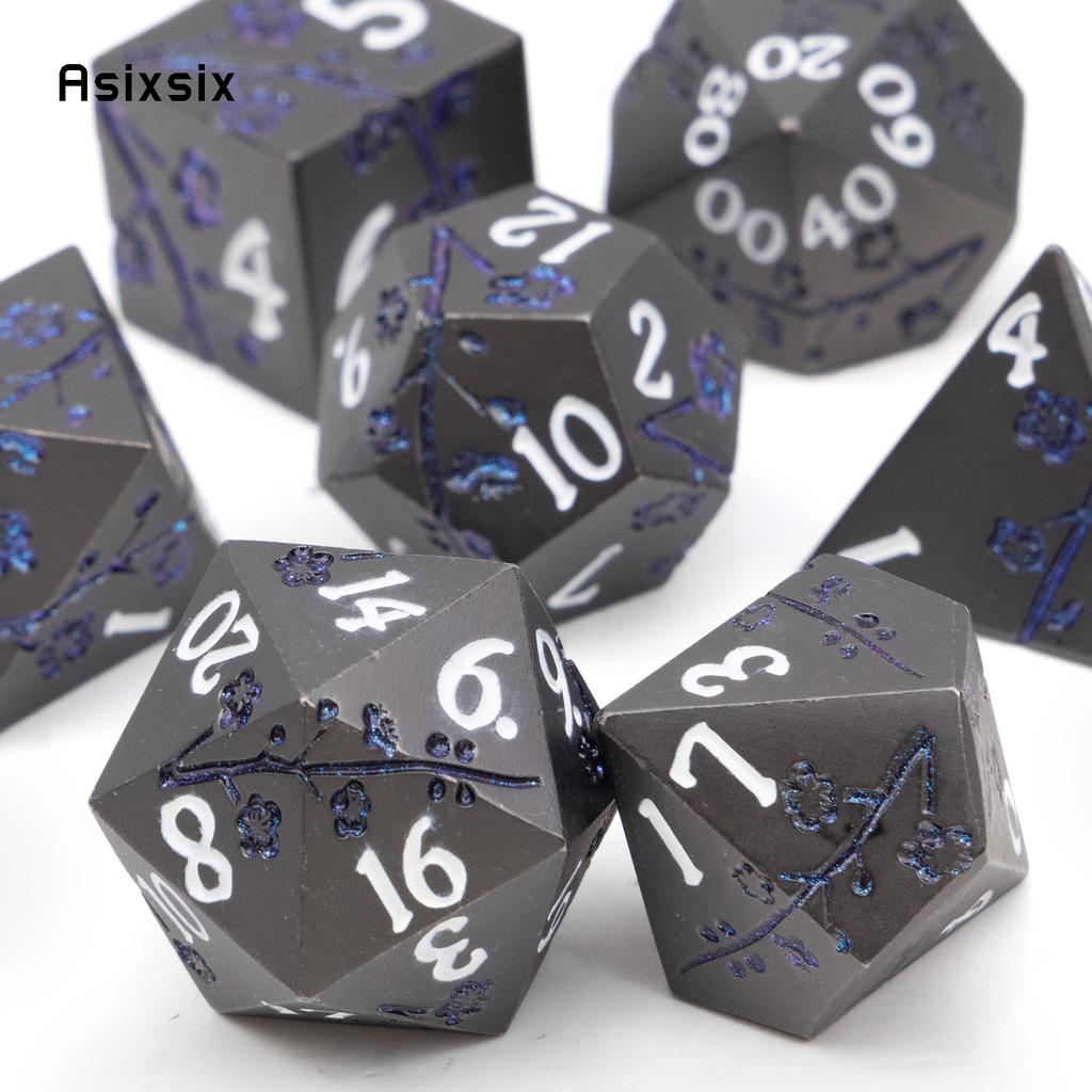 7 Pcs Black Flower Metal Dice Solid Metal Polyhedral Dice Set Suitable for Role-Playing RPG Board Game Card Game