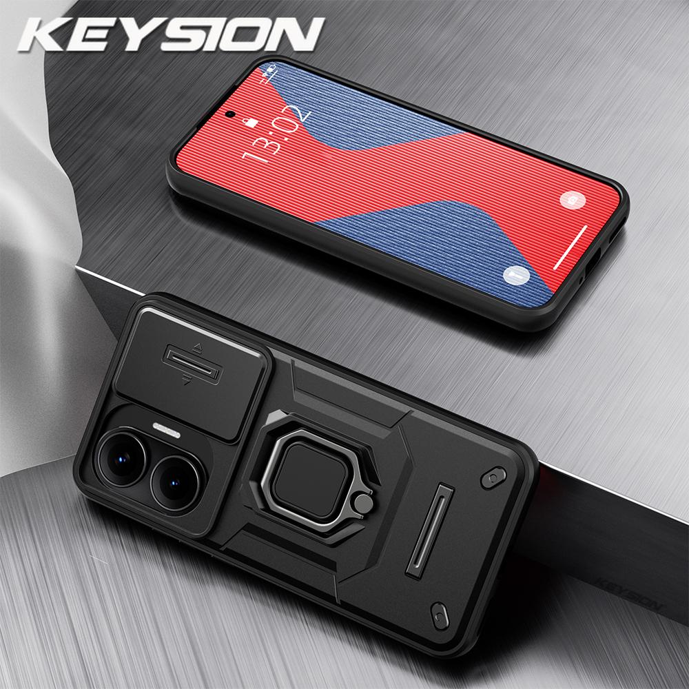 KEYSION Shockproof Armor Case for Xiaomi POCO F7 5G Slide Camera Lens Protection Ring Stand Phone Cover for Redmi Turbo 4 Pro