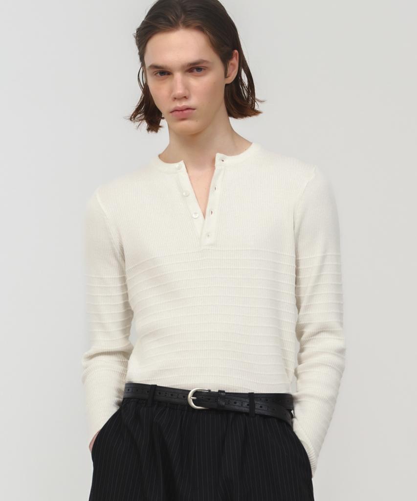 MOONSUN Unisex, Stripe Henley Neck Knit / Ivory