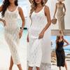 Women Solid Hollow Out Knitted V Neck Sleeveless Bodycon Midi Beach Dress
