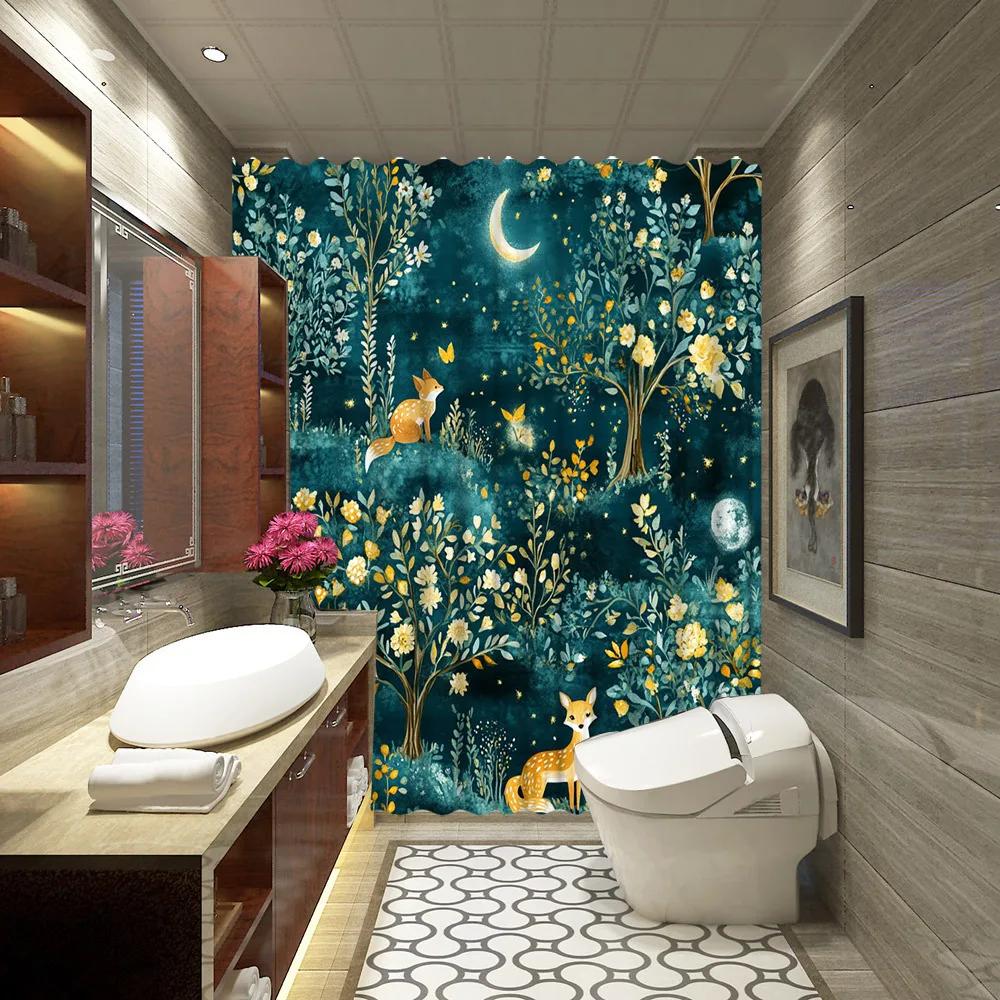 Enchanted Forest Shower Curtain - Foxes, Butterflies & Moon, Whimsical Fairy Tale Design, Dreamy Flowers & Green Foliage W90xH180cm