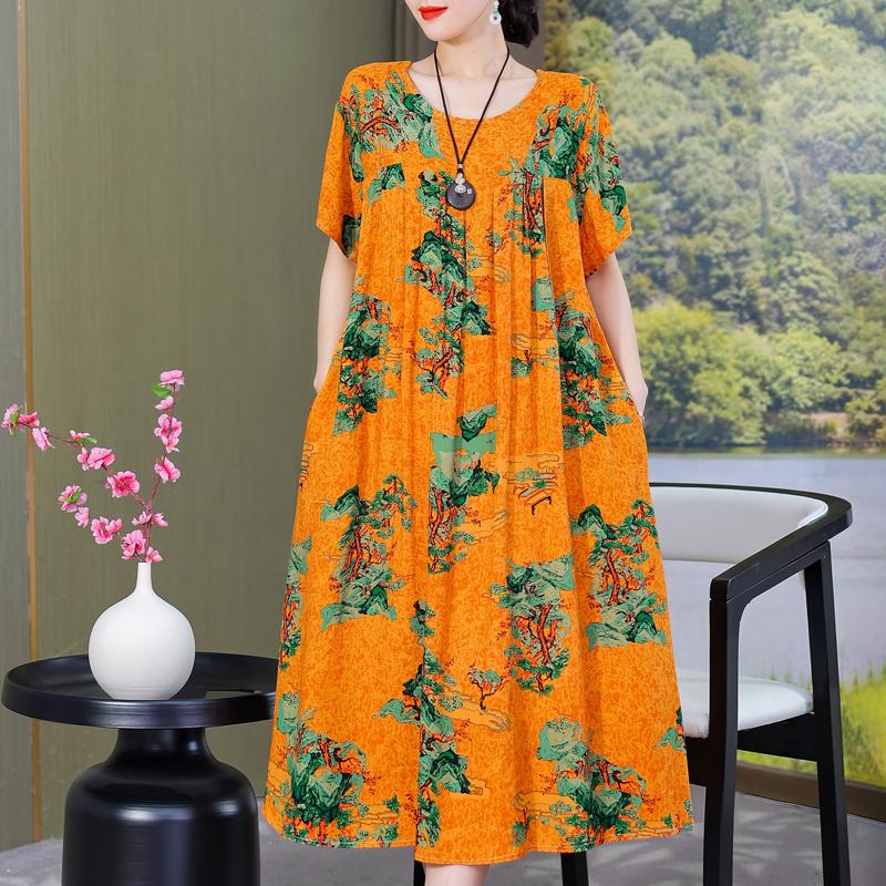 Plus Size Loose Vintage Print Langes Kleid für Damen Lässige Kurzarm-Sommer-Damenkleider