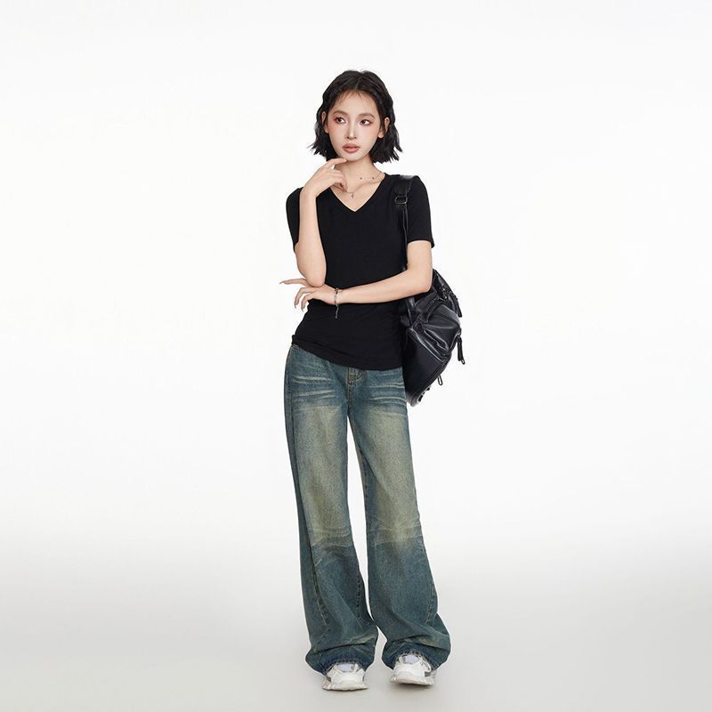 American front shoulder V-neck short-sleeved T-shirt women's summer new Korean pure desire bottoming slim and thin women's top