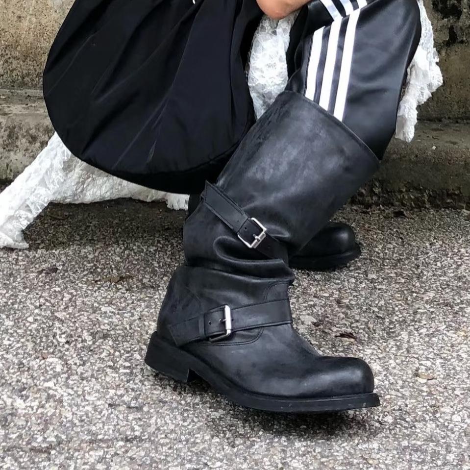 Zhang Yuanying Same Belt Buckle Stack Boots Women's Thick Heel Retro Old Medium Tube Boots Pleated Western Cowboy Knight Boots