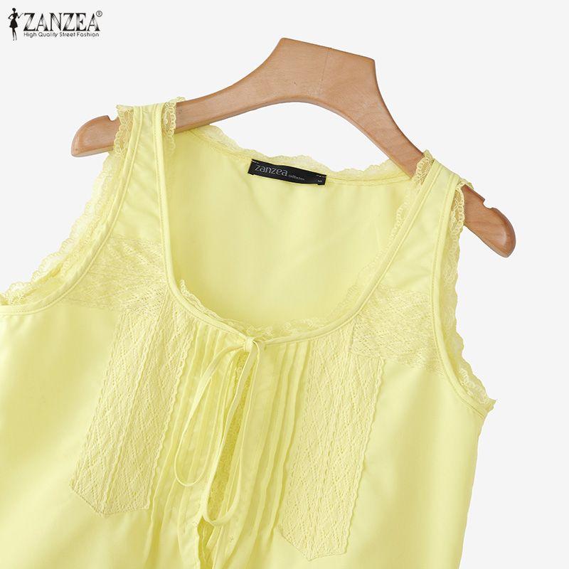 ZANZEA Canottiere Casual Estivi da Donna con Inserti in Pizzo, Scollo a U, Senza Maniche