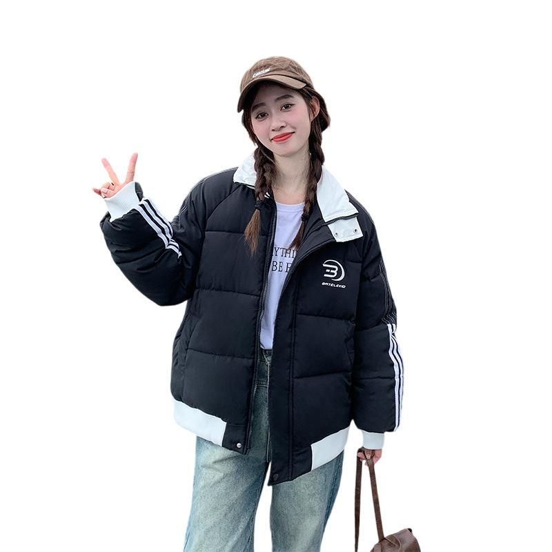 2025 Cotton Jacket Cotton Clothes Women's Winter Couple Collegiate Warm American Loose Sports Stripe Contrast Niche Padded Jacket