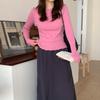 New Arrivals Open Run Women Slim Round Long Sleeve T shirT Wrinkle deTail Punchy