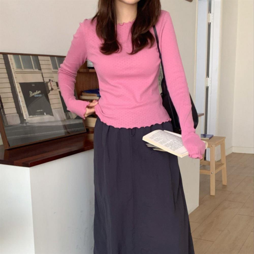 New Arrivals Open Run Women Slim Round Long Sleeve T shirT Wrinkle deTail Punchy