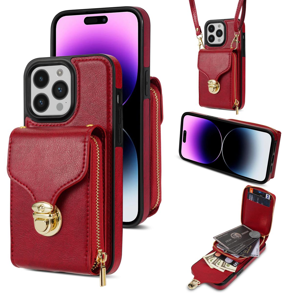 

For iPhone 16 Pro Case Zipper Wallet Card Holder Leather+TPU Phone Cover with Strap Red