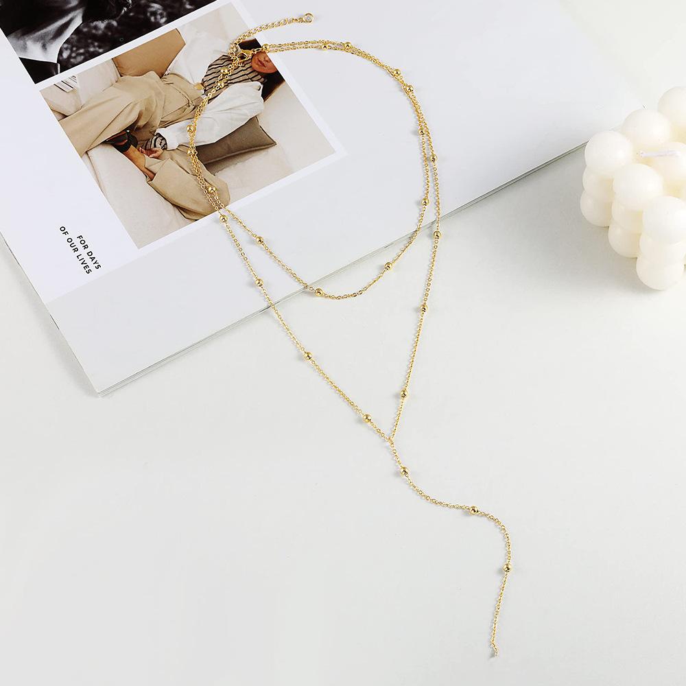 Dainty Long Necklace 14k Gold Plated Y-Shaped Pendant Necklace Trendy Layered Cz Beaded Necklaces Stainless Steel Jewelry