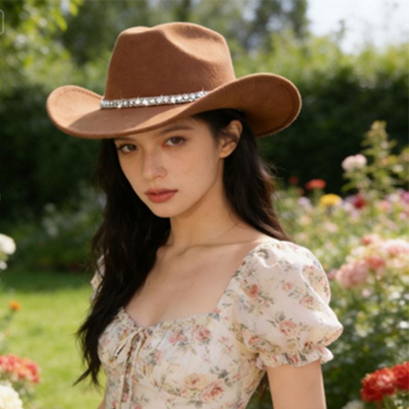 Sparkling Rhinestones Belt Western Cowboy Hats In Comfortable Woolen For Music Festivals And Outdoor Adventures