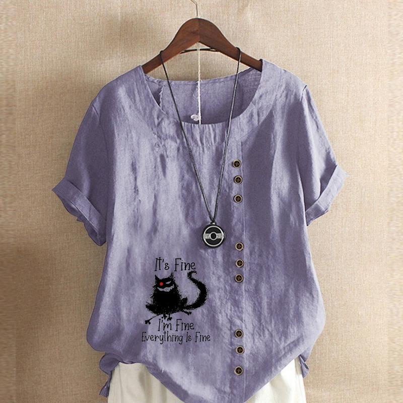 Women's Fashion Black Cat Prined Short Sleeve T-shirt Loose Cotton Shirt Casual Loose Summer Blouse Tops Plus Size