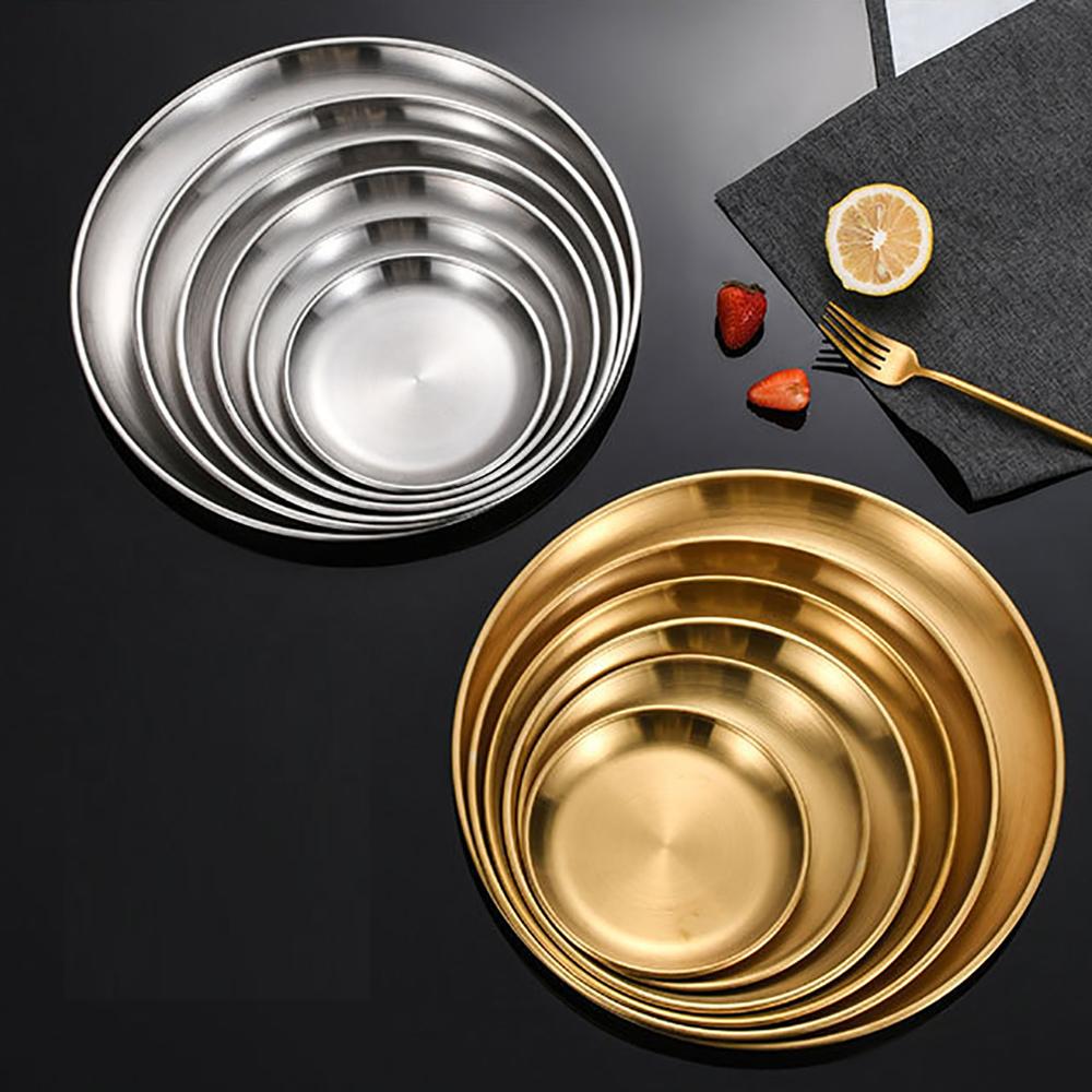 8PC Metal Dining Dish Stainless Steel Round Plate Shallow Tray 14/17/20/23/26cm BBQ Picnic Camping Food Container Tableware Set