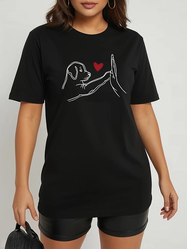 Womens Casual ShortSleeve TShirt with Dog HighFive and Heart Print Round Neck Tee for Everyday Wear