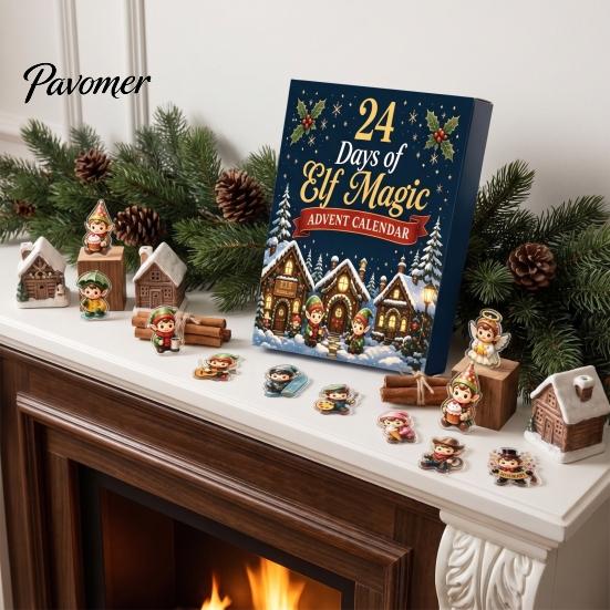 Christmas Decorative Hanging Charms Magic Elf Advent Calendar, 24 Day Acrylic 2D Ornament Set with Durable Holiday Patches Cute Mini Figures,