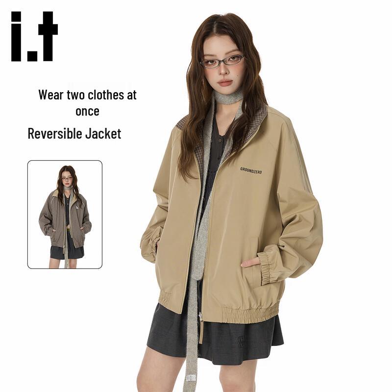 

GROUND ZERO Unisex Reversible Embroidered Plaid Stand Collar Jacket M